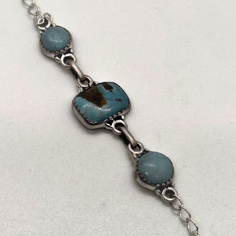 Vintage 925 Sterling Silver Link Bracelet Turquoise Stone Southwestern 8.25 In